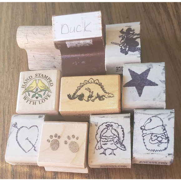 Lot of 10 Small Animals and Figures Wood Mounted Rubber Stamps Santa Turkey Dino - Picture 1 of 16